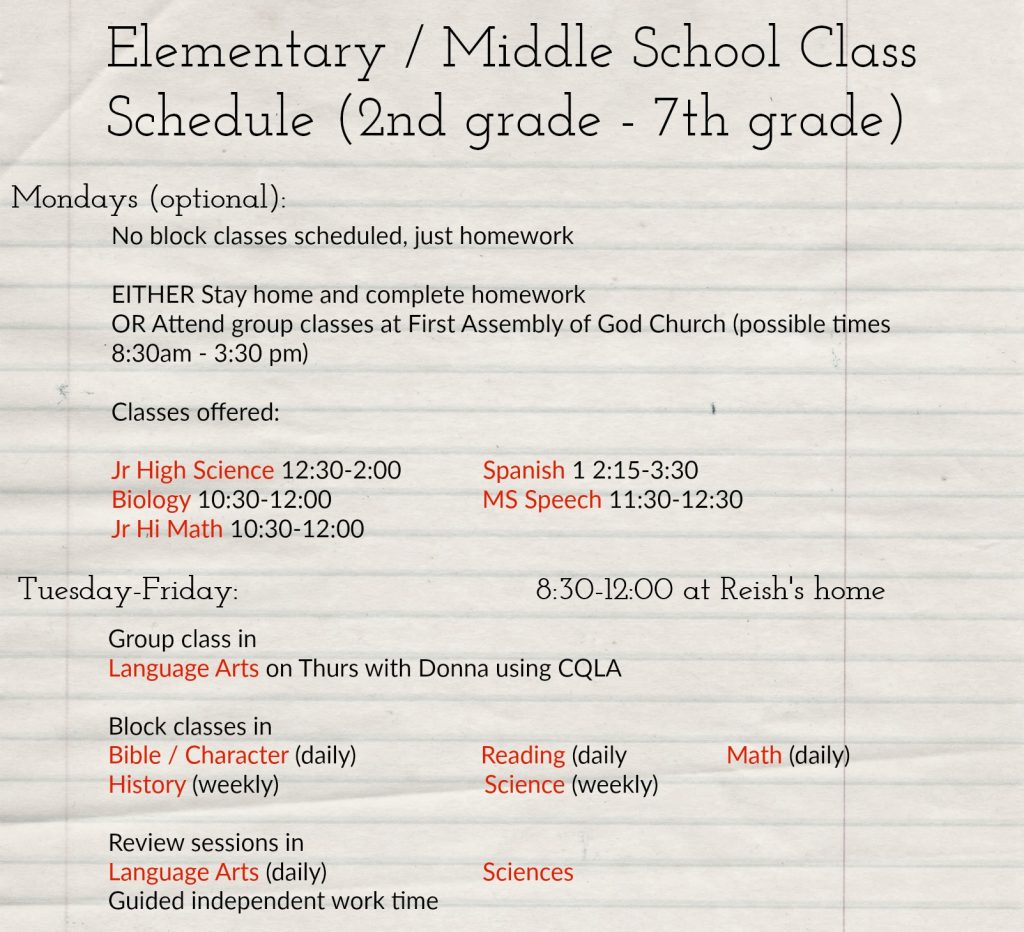 Elementary and Middle School Class Schedule